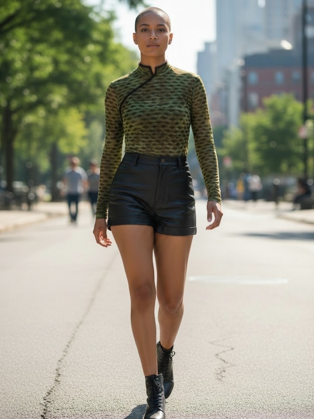 Linda Bertozzi Y2K Mesh Animal Print Top Green Sheer Ruched Mock Neck Zip Size 2